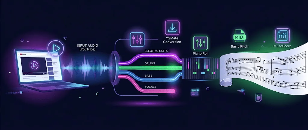 Cómo aprender canciones de guitarra con IA en 5 pasos con Moises, Basic Pitch y MuseScore