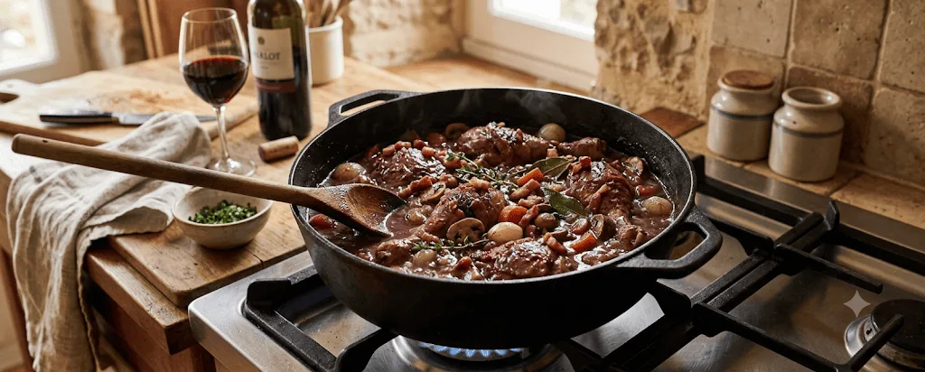 Pollo al vino tinto reducido (Coq au Vin simplificado)